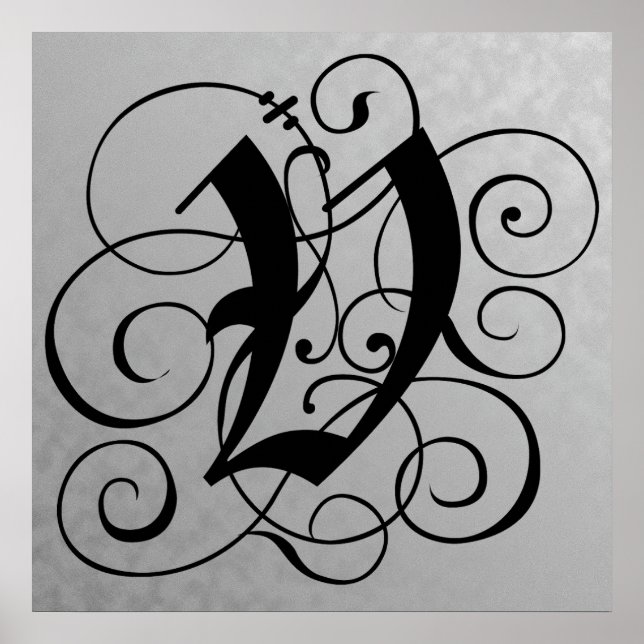 Letter V, Gothic Monogram Black Poster (Front)
