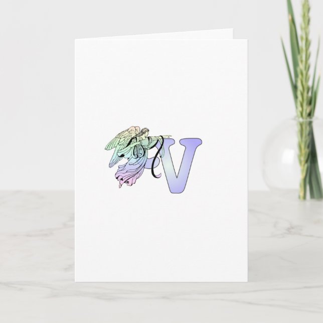 Letter V Initial Monogram Guardian Angel Alphabet Note Card (Front)
