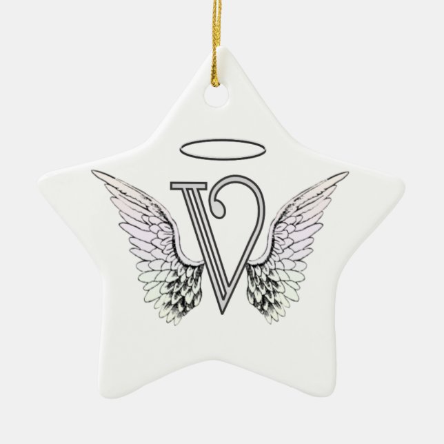 Letter V Initial Monogram with Angel Wings & Halo Ceramic Tree Decoration (Front)