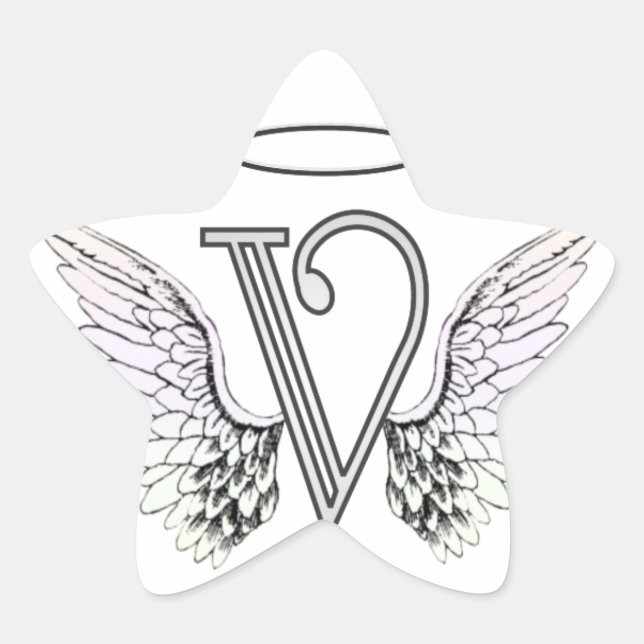Letter V Initial Monogram with Angel Wings & Halo Star Sticker (Front)