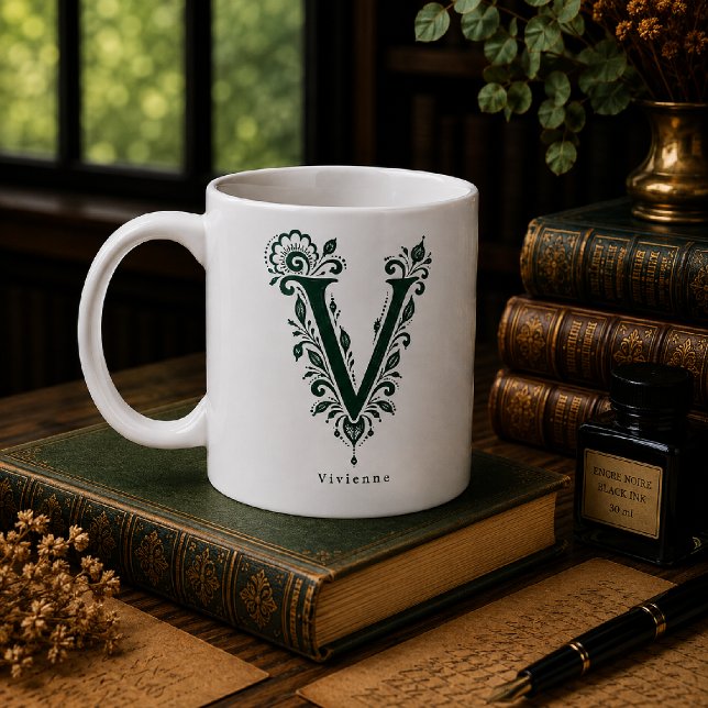 Letter V Linocut Botanical Personalised Mug (Creator Uploaded)