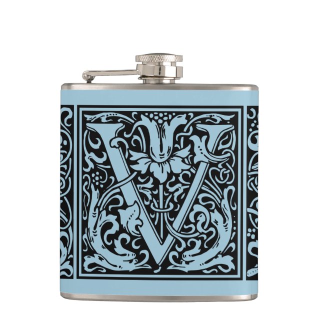 Letter V Mediaeval Monogram Art Nouveau Hip Flask (Front)