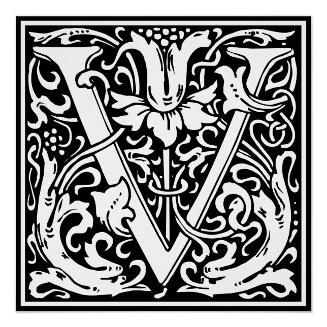 Letter V Mediaeval Monogram Art Nouveau Poster (Front)