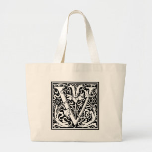Letter V Mediaeval Monogram Vintage Initial Large Large Tote Bag