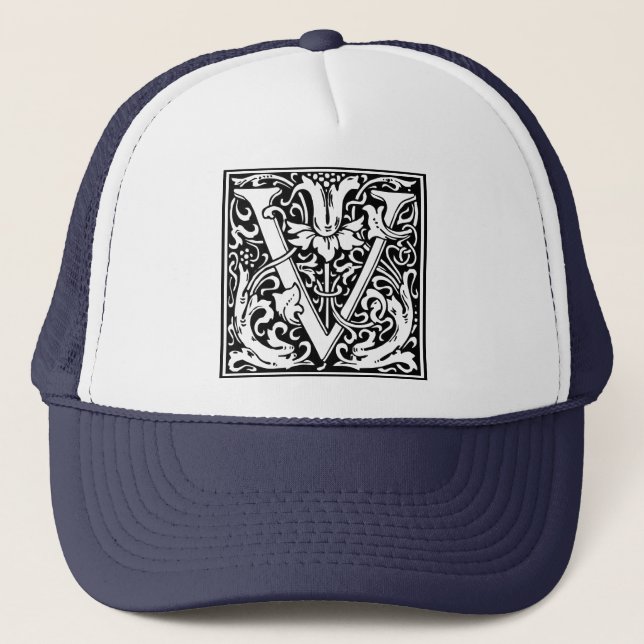 Letter V Mediaeval Monogram Vintage Initial Trucker Hat (Front)