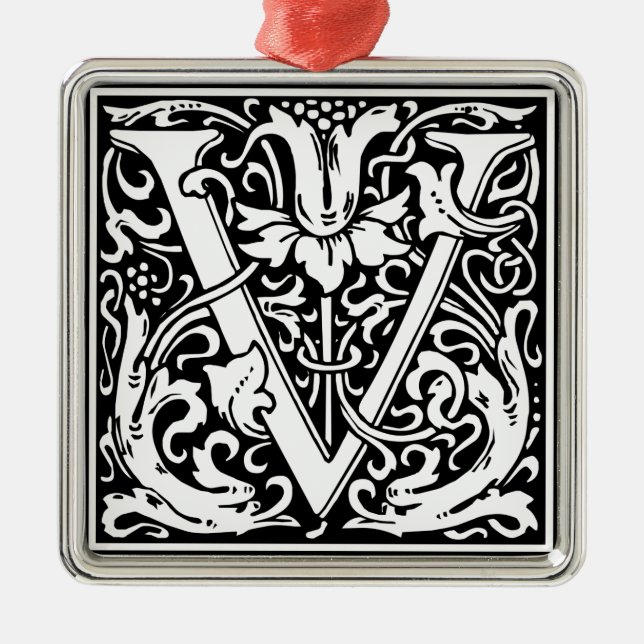 Letter V Medieval Monogram Art Nouveau Metal Tree Decoration (Front)