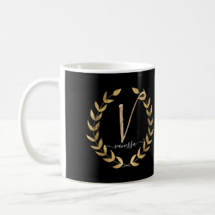 Letter V Monogram Black n Gold Script Name Coffee Mug
