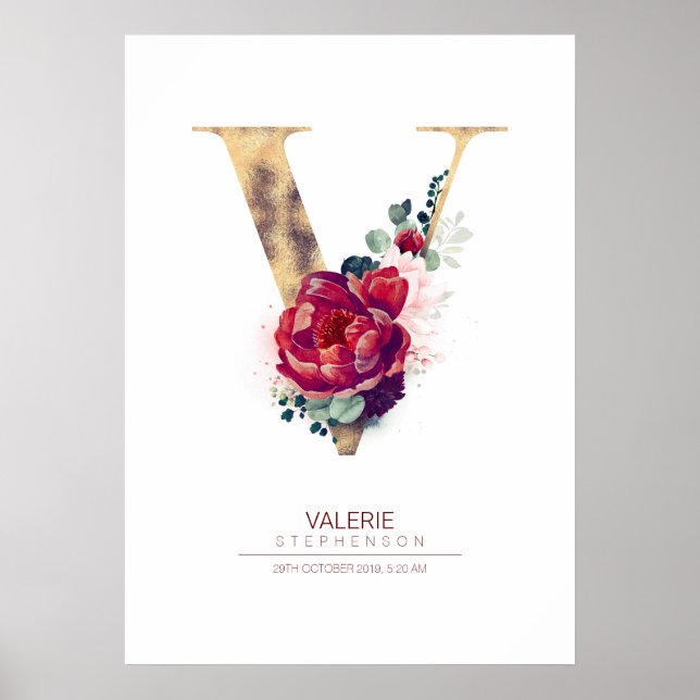 Letter V Monogram Floral Burgundy Red and Gold Poster (Front)