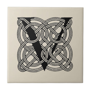 Letter V Monogram Vintage Celtic Knot Print Tile