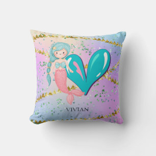 Letter V Monogram Watercolor Cute Mermaid Nursery Cushion