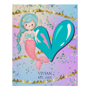 Letter V Monogram Watercolor Cute Mermaid Nursery Poster