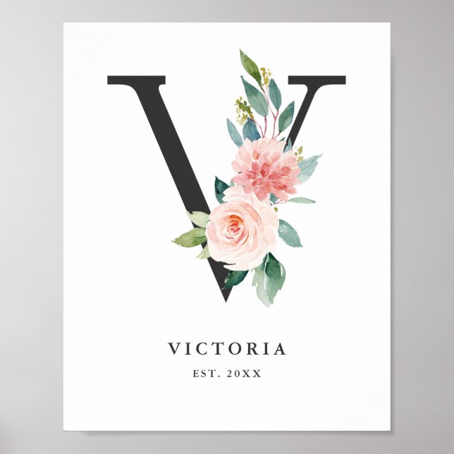 Letter V Monogram Watercolor Peach Florals Nursery Poster (Front)