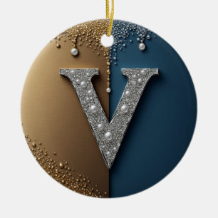 Letter V Monogram With Diamonds Pearls Ceramic Tree Decoration