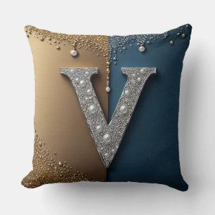 Letter V Monogram With Diamonds Pearls Cushion