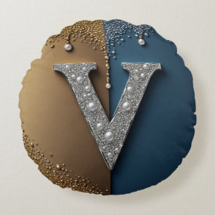Letter V Monogram With Diamonds Pearls Round Cushion