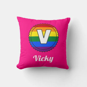 Letter V & Name Gay Pride Rainbow Monogram - Pink Cushion