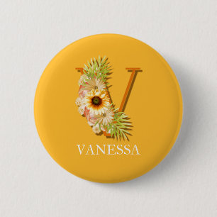 Letter V Sunflower Floral Monogram with Name 6 Cm Round Badge