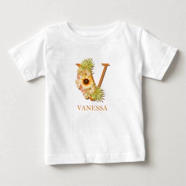 Letter V Sunflower Floral Monogram with Name Baby T-Shirt (Front)