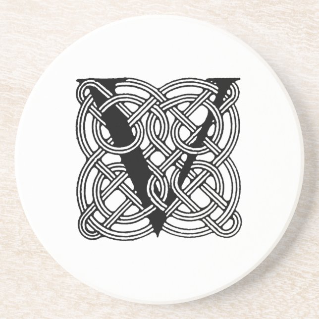 Letter V Vintage Celtic Knot Monogram Coaster (Front)