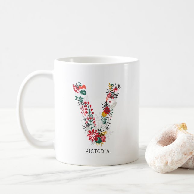 Letter V | Whimsical Floral Letter Monogram I Mug (With Donut)