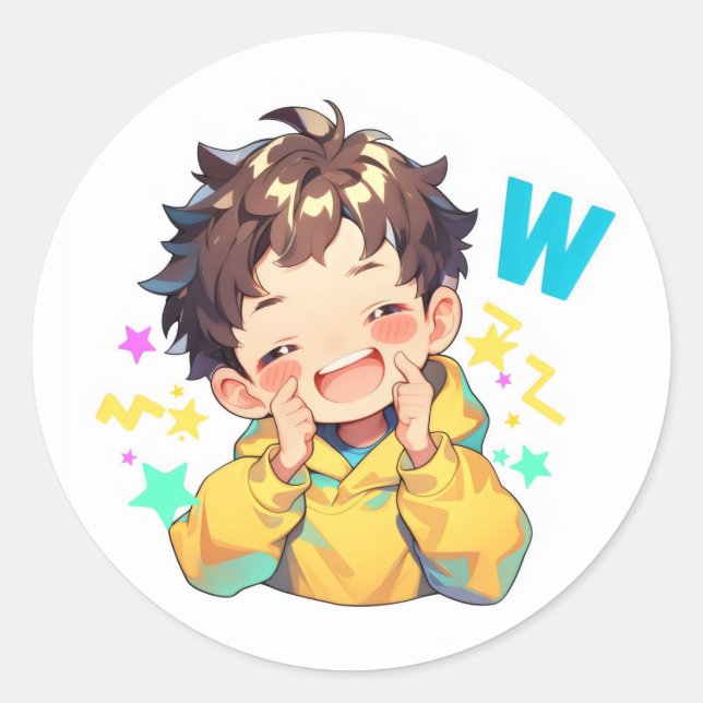 Letter W Anime Boy Happy Classic Round Sticker (Front)