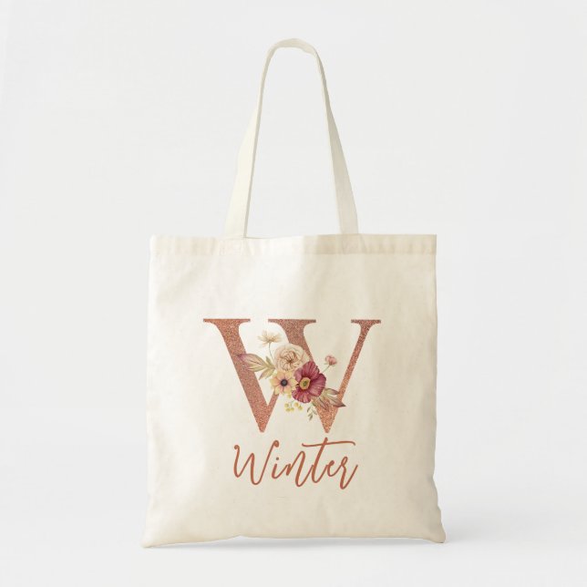 Letter W Blush pink Glitter Floral Monogram  Tote Bag (Front)
