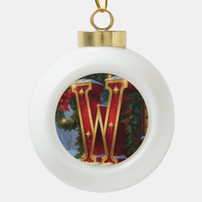 Letter W Christmas Wreath Personalized Initial Ceramic Ball Christmas Ornament (Front)