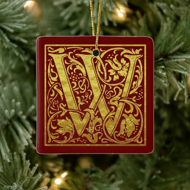 Letter W First Letter Faux Gold Red Ceramic Ornament (Tree)