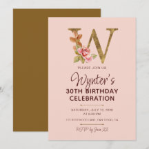Letter W Gold Monogram Blush Pink Roses