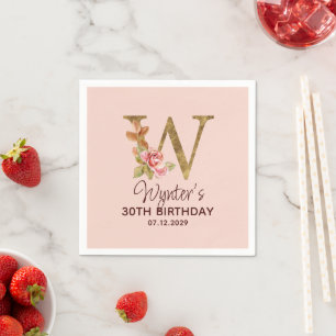 Letter W Gold Monogram Blush Pink Roses Napkin