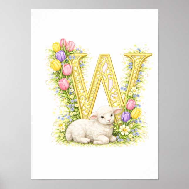 Letter W Gold Spring Nature Monogram Baby Lamb Kid Poster (Front)