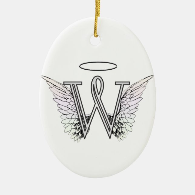 Letter W Initial Monogram with Angel Wings & Halo Ceramic Tree Decoration (Front)