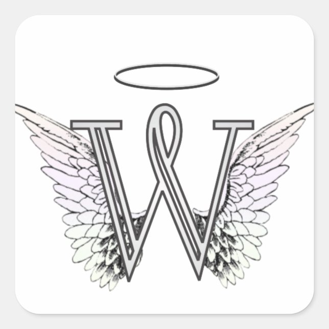 Letter W Initial Monogram with Angel Wings & Halo Square Sticker (Front)