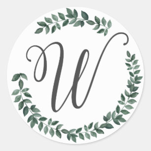 Letter W Monogram Minimalist Botanical Leaf Wreath Classic Round Sticker