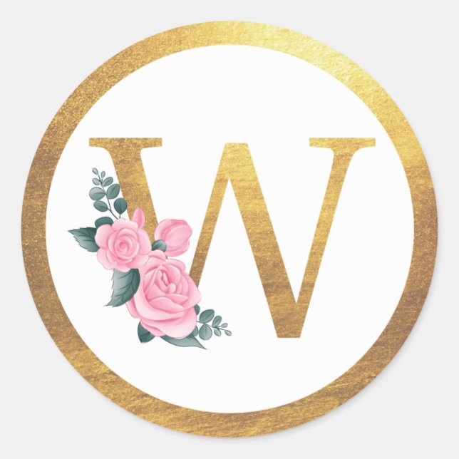 Letter W Monogram Pink Roses Floral & Elegant Gold Classic Round Sticker (Front)