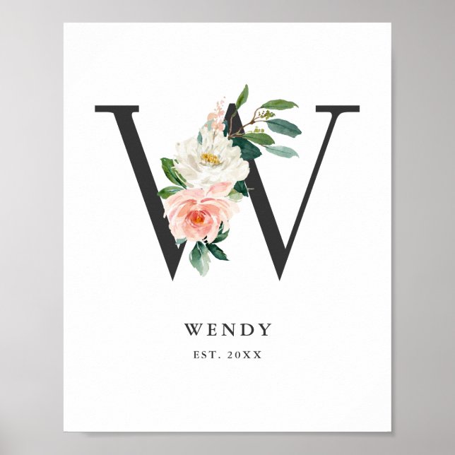 Letter W Monogram Watercolor Peach Florals Nursery Poster (Front)
