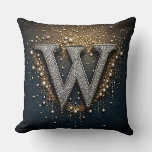 Letter W Monogram With Diamonds Pearls Cushion