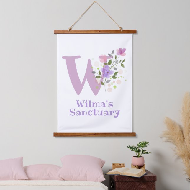 Letter W plus First Name with a Floral Design Hanging Tapestry (Bedroom)