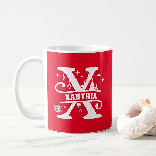 Letter X Christmas Monogram Initial Name Red  Coffee Mug (With Donut)