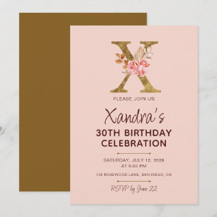 Letter X Gold Monogram Blush Pink Roses Invitation