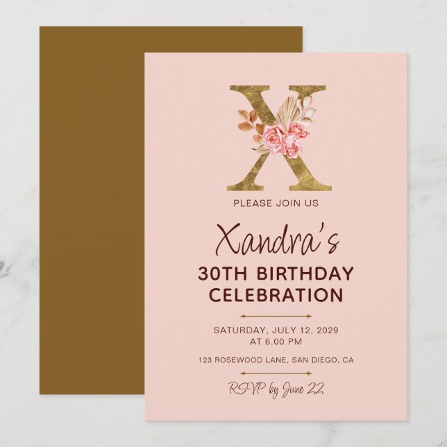 Letter X Gold Monogram Blush Pink Roses Invitation (Front/Back)