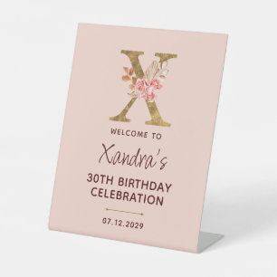 Letter X Gold Monogram Blush Pink Roses Sign
