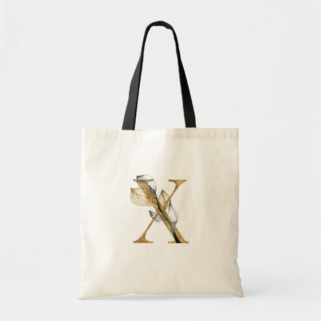 *~* Letter X Gold Monogram Initial Black Leaves Tote Bag (Front)