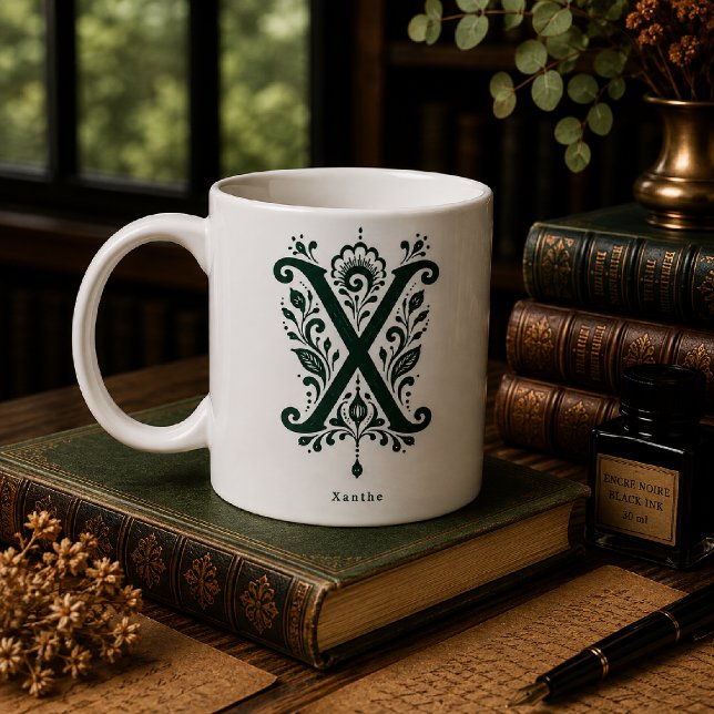 Letter X Linocut Botanical Personalised Mug (Creator Uploaded)