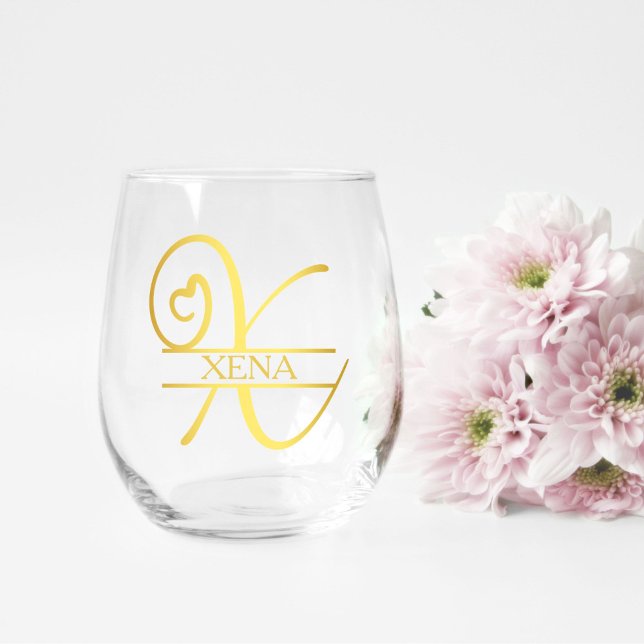 Letter X Monogram Bridesmaid Gift, Modern Elegant Stemless Wine Glass (stemless wine glass for a bridesmaid gift that has a gold split x monogram and customized with name)