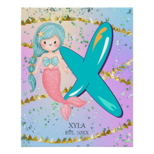 Letter X Monogram Watercolor Cute Mermaid Nursery Poster