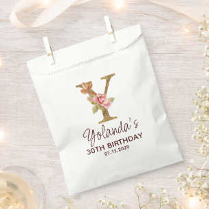 Letter Y Gold Monogram Blush Pink Roses Favour Bags