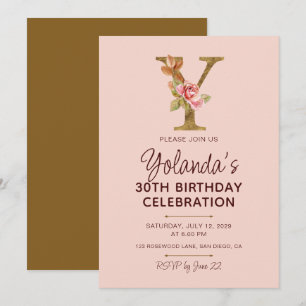 Letter Y Gold Monogram Blush Pink Roses Invitation