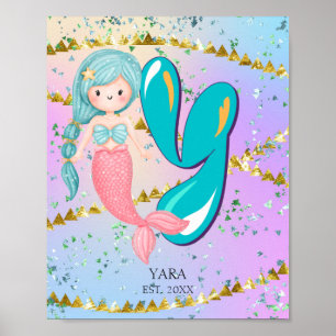 Letter Y Monogram Watercolor Cute Mermaid Nursery Poster