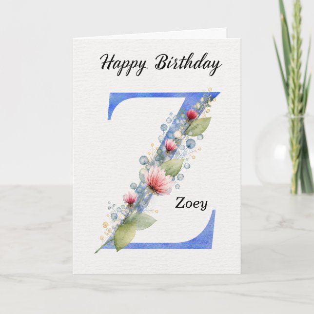 Letter Z Birthday Custom Name Her Blue Monogram Card (Front)